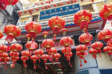 Chinese New Year celebration in Bangkok Chinatown. Red chinese lanterns in the temple