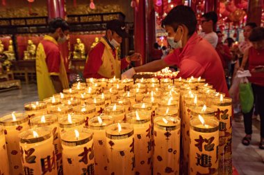 Traditional candles for Chinese new year celebration in Mangkon temple in Bangkok Thailand