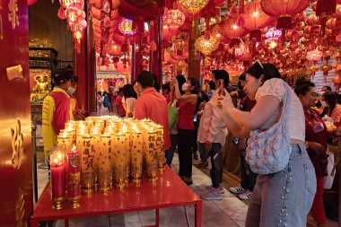 Traditional candles for Chinese new year celebration in Mangkon temple in Bangkok Thailand