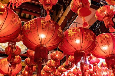 Chinese New Year celebration in Bangkok Chinatown. Red chinese lanterns in the temple
