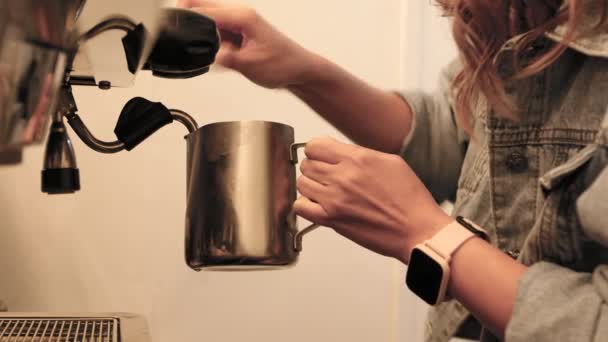 Barista Pouring Milk Cup Coffee Preparing Cappuccino — ストック動画