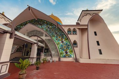 Melaka Straits Mosque Masjid Selat Melaka at sunset light Melaka Malaysia