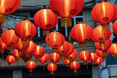 Red traditional chinese lanterns on the cafes street Melaka Malaysia