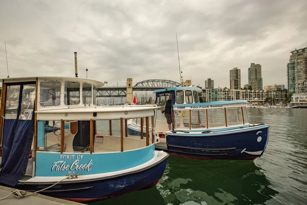 Granville Island Marina Traditional Boats False Creek Writing Vancouver Downtown — Stock Photo, Image