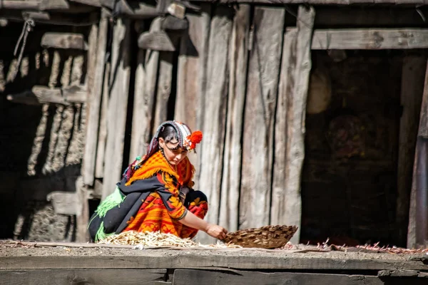 Kalash Vrouw Met Traditionele Kleding Werkend Buurt Van Haar Huis — Stockfoto