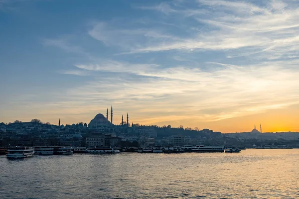 Solnedgång Utsikt Över Istanbul Sultanahmet Området Från Galatabron Turkiet — Stockfoto
