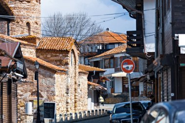 Nessebar eski kasaba manzarası, Nessebar 'daki eski taş ve ahşap evler, UNESCO Mirası sahası, Bulgaristan