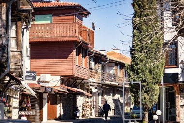 Nessebar eski kasaba manzarası, Nessebar 'daki eski taş ve ahşap evler, UNESCO Mirası sahası, Bulgaristan