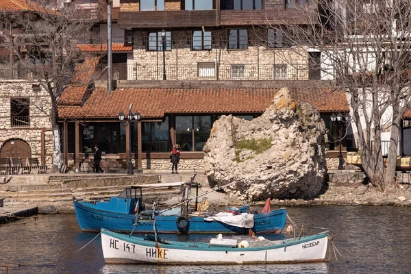Bateaux Pêche Traditionnels Long Côte Dans Vieille Ville Nessebar Bulgarie — Photo