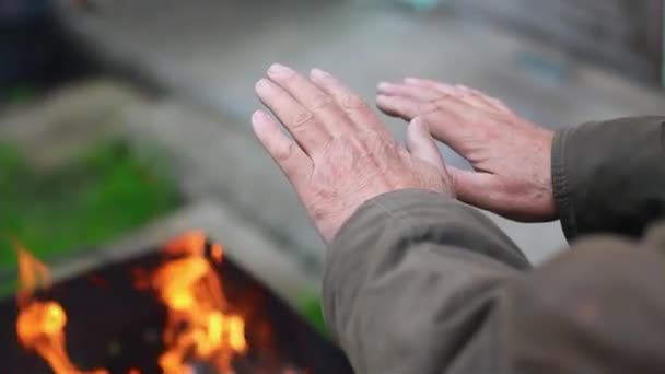 Руки Людини Над Вогнем Крупним Планом Утеплення Рук Біля Вогню — стокове відео