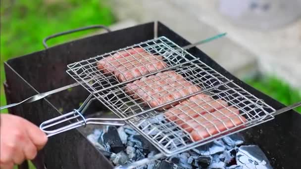 Sausages Bbq Fire Top View Close — Stock Video