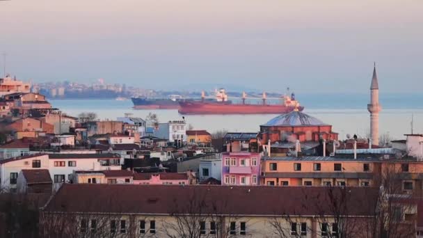 Beau Coucher Soleil Sur Région Fatih Istanbul Avec Des Navires — Video