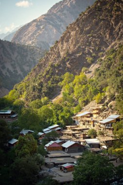 Pakistan 'ın Kalash vadisinde geleneksel Kalash ahşap evleri