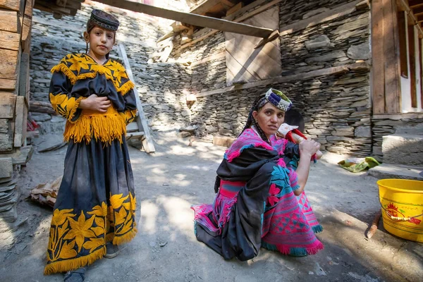 stock image Traditionally dressed Kalash tribe woman smiling in Kalash Valley village, Pakistan