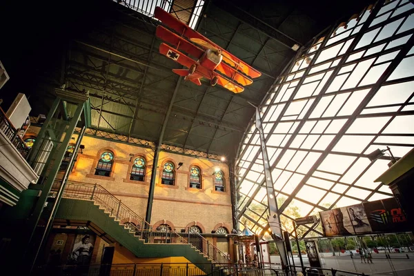 Stock image Fokker Wolf Triplane hanging at the top of Plaza de Armas Centro Comercial y de Ocio shopping center in Seville Spain