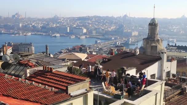Aerial View Istanbul Galata Tower Istanbul Panorama Top People Partying — Stock Video