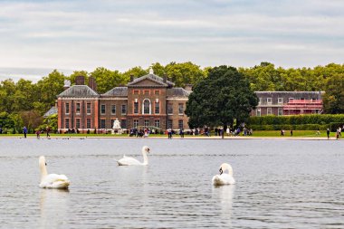 Kensington Palace and the pond with swans in the park on autumn day London Great Britain clipart