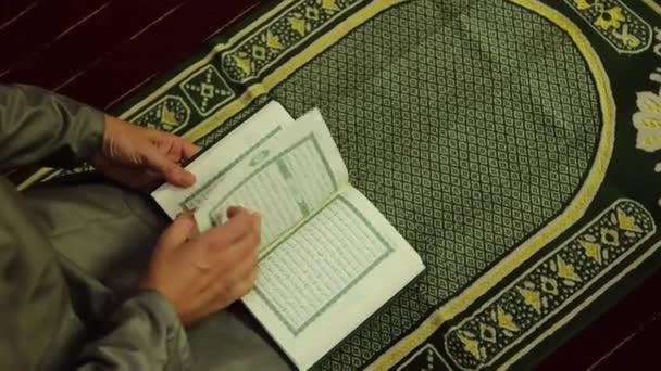 Hombre Musulmán Leyendo Libro Sagrado Del Corán Sobre Una Alfombra — Vídeo de stock