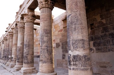 Mısır 'ın yukarısındaki Aswan tapınağının ayrıntıları. Mısır tanrısı resimleriyle oyulmuş taş sütunlar.