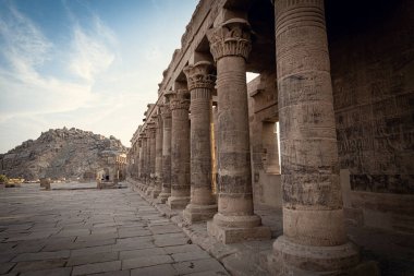 Mısır 'ın yukarısındaki Aswan tapınağının ayrıntıları. Mısır tanrısı resimleriyle oyulmuş taş sütunlar.