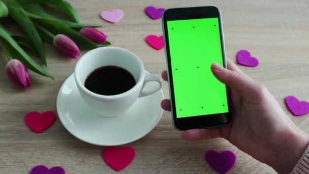 Grüner Bildschirm Chroma Schlüssel Tulpen Kaffeetasse Frühling Urlaub Valentinstag — Stockvideo
