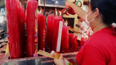 Traditional candles for Chinese new year celebration in Mangkon temple in Bangkok Thailand. 