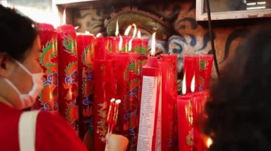 Traditional candles for Chinese new year celebration in Mangkon temple in Bangkok Thailand. 