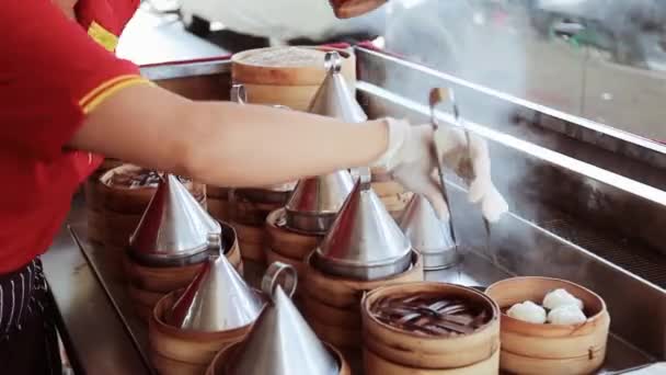 Dim Sum Приготування Їжі Межами Кафе Бангкоку Таїланд — стокове відео