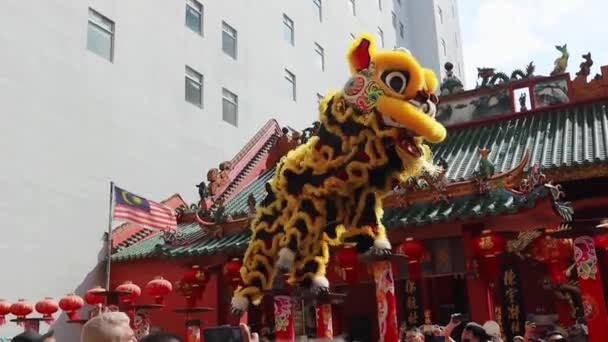 Lejondans Det Kinesiska Templet Chinatown Kuala Lumpur Malaysia Kinesiska Nyårsfirande — Stockvideo
