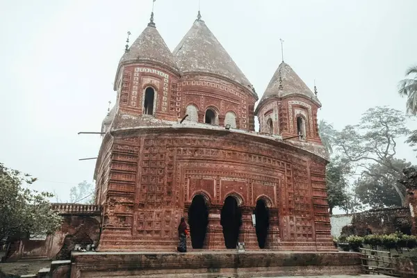 stock image Beautiful details and bas reliefs of ancient Hindu Pancharatna Temple (Temple of the Five Jewels) in Puthia Bangladesh