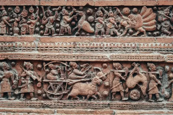 stock image Beautiful details and bas reliefs of ancient Hindu Pancharatna Temple (Temple of the Five Jewels) in Puthia Bangladesh