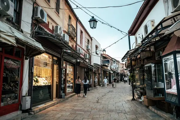 stock image People on the narrow market street in Skopje old town, North Macedonia