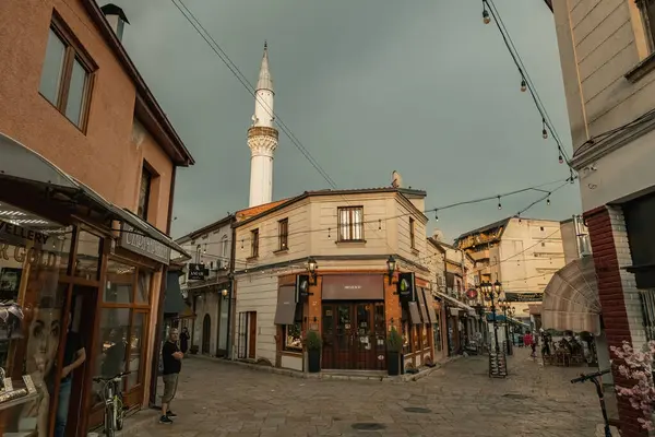 stock image People on the narrow market street in Skopje old town, North Macedonia