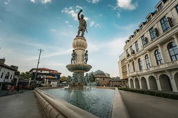 stock image Giant Statue of Philip of Macedon in the lod town of Skopje, North Macedonia