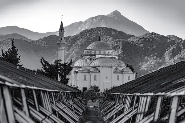 stock image Cirali mosque with mountains on background and green houses around Cirali Antalia Turkey