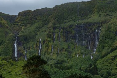 Flores Adası Azores Portekiz 'deki yeşil dağlardaki şelalenin nefes kesici manzarası.