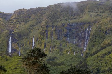 Flores Adası Azores Portekiz 'deki yeşil dağlardaki şelalenin nefes kesici manzarası.