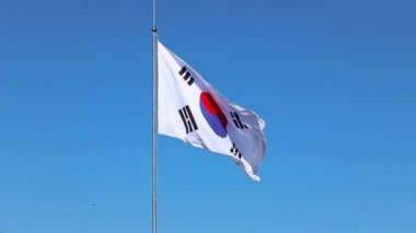 Güney Kore bayrağı dalgalanıyor mavi gökyüzüne doğru