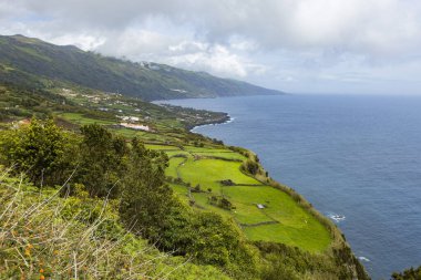Küçük köyün nefes kesici manzarası ve Pico Adası 'ndaki Azores Portekiz uçurumundan yeşil çayırlar.