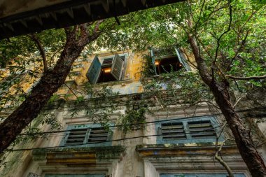 Ipoh Perak Malezya 'da pencereli ve büyük ağaçlı eski ev duvarı