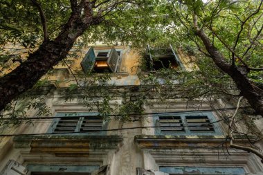 Ipoh Perak Malezya 'da pencereli ve büyük ağaçlı eski ev duvarı