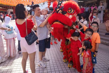 Çin Mahallesi Kuala Lumpur, Malezya 'daki Çin tapınağında aslan dansı gösterisi. Çin Yeni Yıl Kutlaması