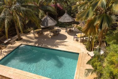 Otelin güneşli yüzme havuzu, şemsiyeler ve palmiye ağaçları.