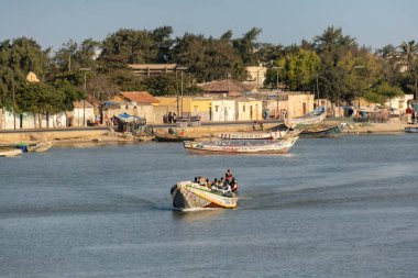 Teknedeki balıkçı St. Louis, Senegal 'de ağlarla balık yakalıyor.