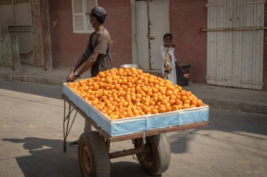 Senegal 'de bir araba dolusu portakal taşıyan Afrikalı bir adam.