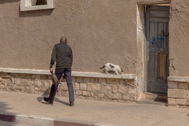 St. Louis 'in eski bir kasabasındaki yayalar kedinin yanından geçiyor güneşli günün tadını çıkarıyorlar Senegal