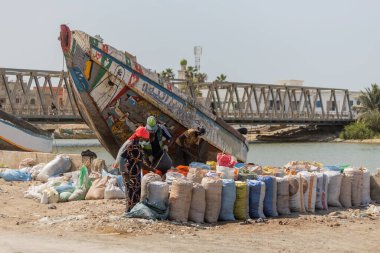 İnsanlar St. Louis Senegal limanındaki çöpleri ahşap bir köprüye ve arka plandaki tekneye ayırıyor.