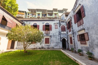 Mandarin 'in Macau' daki tarihi Çin evinin dış detayları.