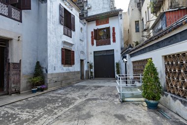 Mandarin 'in Macau' daki tarihi Çin evinin dış detayları.