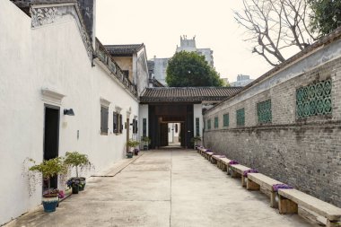 Mandarin 'in Macau' daki tarihi Çin evinin dış detayları.